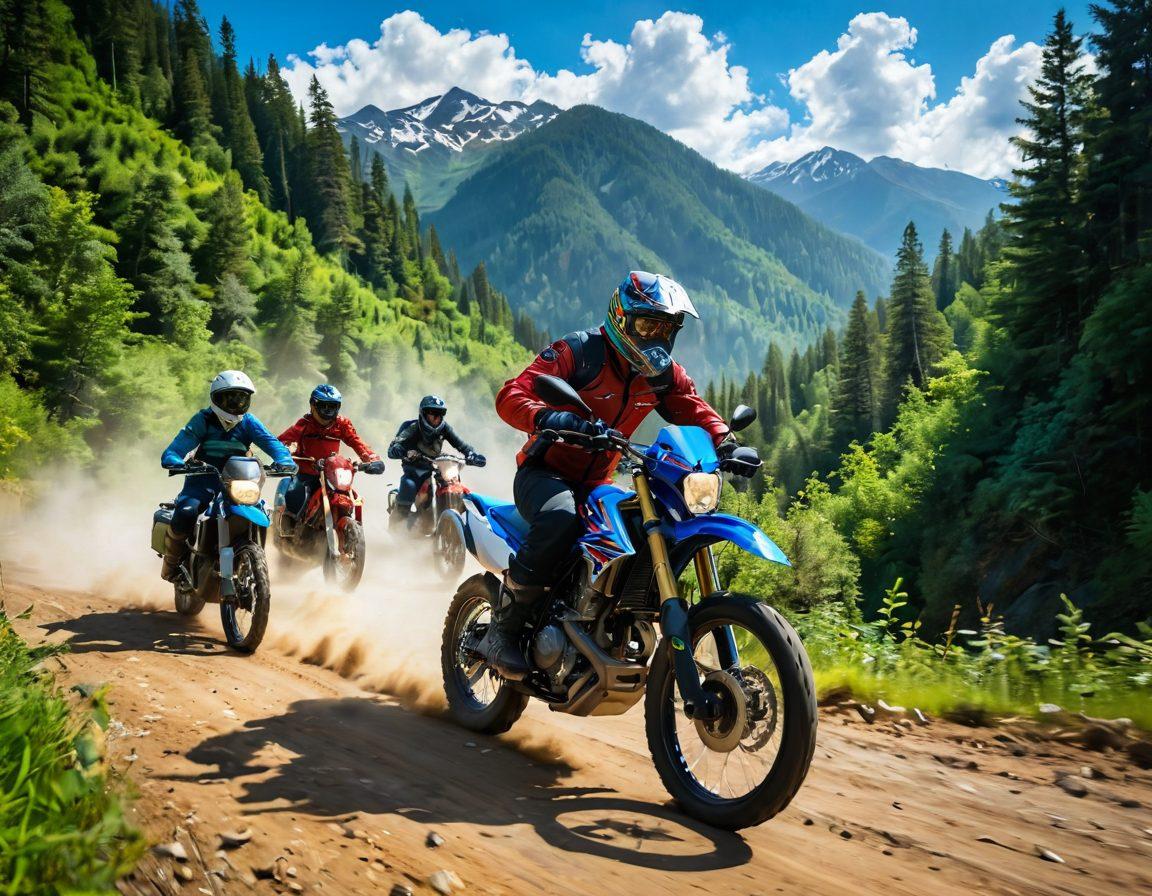 A dynamic scene showcasing a variety of motorcycles in action, with bikers clad in colorful gear participating in a thrilling event. The background features scenic trails winding through lush forests and rugged mountains, highlighting the excitement of trail riding. Include vibrant trails of dust and motion to convey speed, along with a bright blue sky and fluffy clouds overhead. super-realistic. vibrant colors. outdoor adventure.