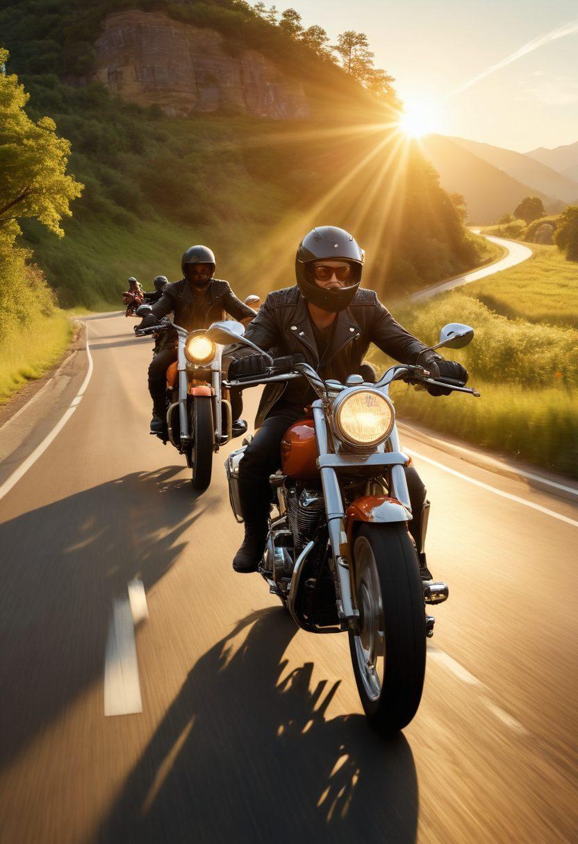 A dynamic scene capturing a diverse group of enthusiastic riders on motorcycles, dressed in stylish riding gear, cruising down a scenic highway surrounded by lush green hills. The sun is setting, casting a warm glow over the landscape, symbolizing freedom and adventure. Include elements like motorcycle helmets and accessories scattered casually around to enhance the feeling of community. vibrant colors. super-realistic.
