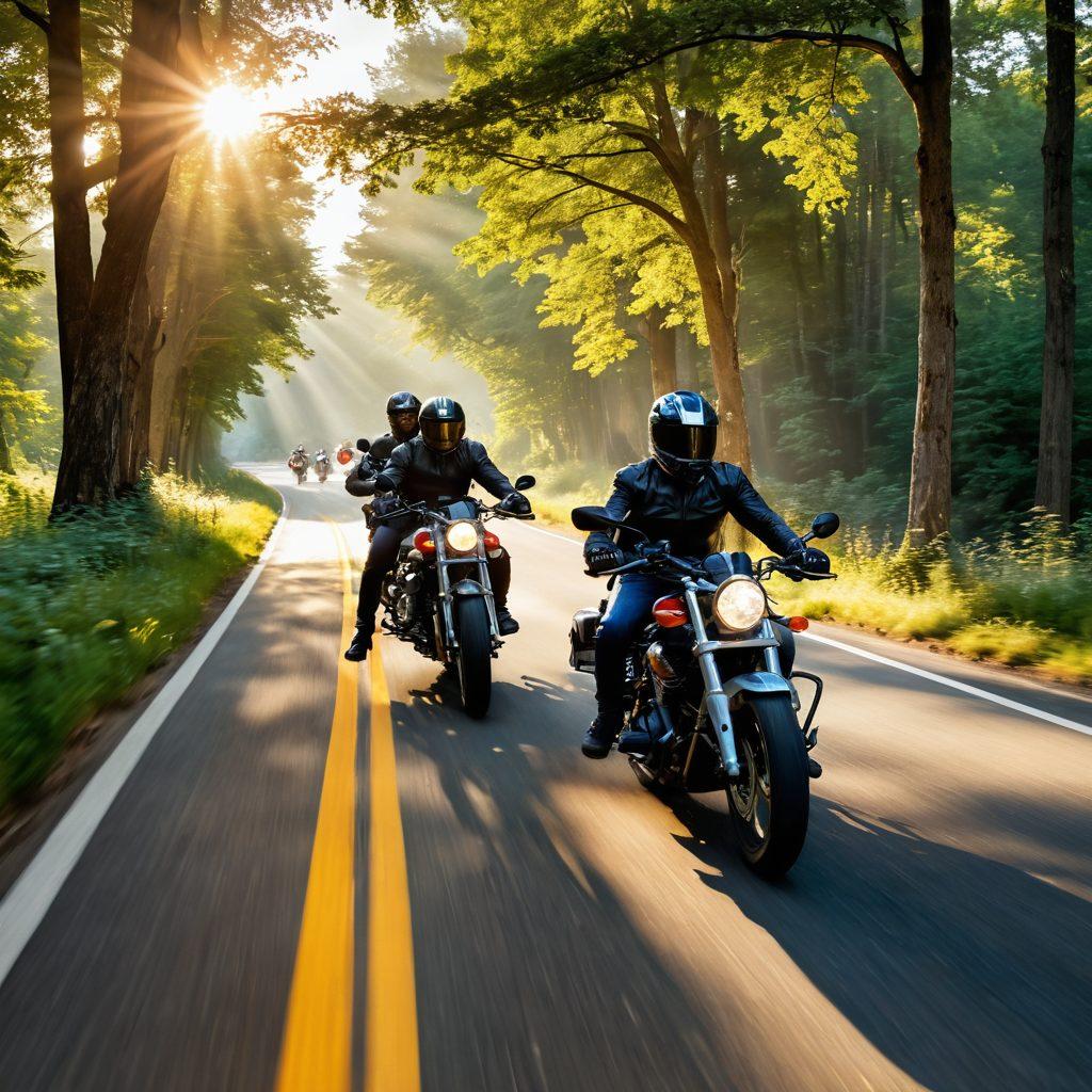 A vibrant scene showcasing a diverse group of joyful bikers riding their motorcycles on a winding road surrounded by lush green trees. Include various motorcycle styles, from cruisers to sportbikes, and depict the riders wearing colorful helmets and protective gear, exuding excitement and freedom. The sun is shining brightly, casting a warm glow on the scene. Illustrate a sense of camaraderie among the bikers, with one rider giving a thumbs up to another. super-realistic. vibrant colors. cheerful and dynamic composition.
